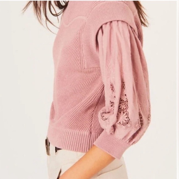 Ba&sh Samoa Pink Embroidered Puff Sleeve Lady Pullover Sweater size Small - Picture 2 of 14